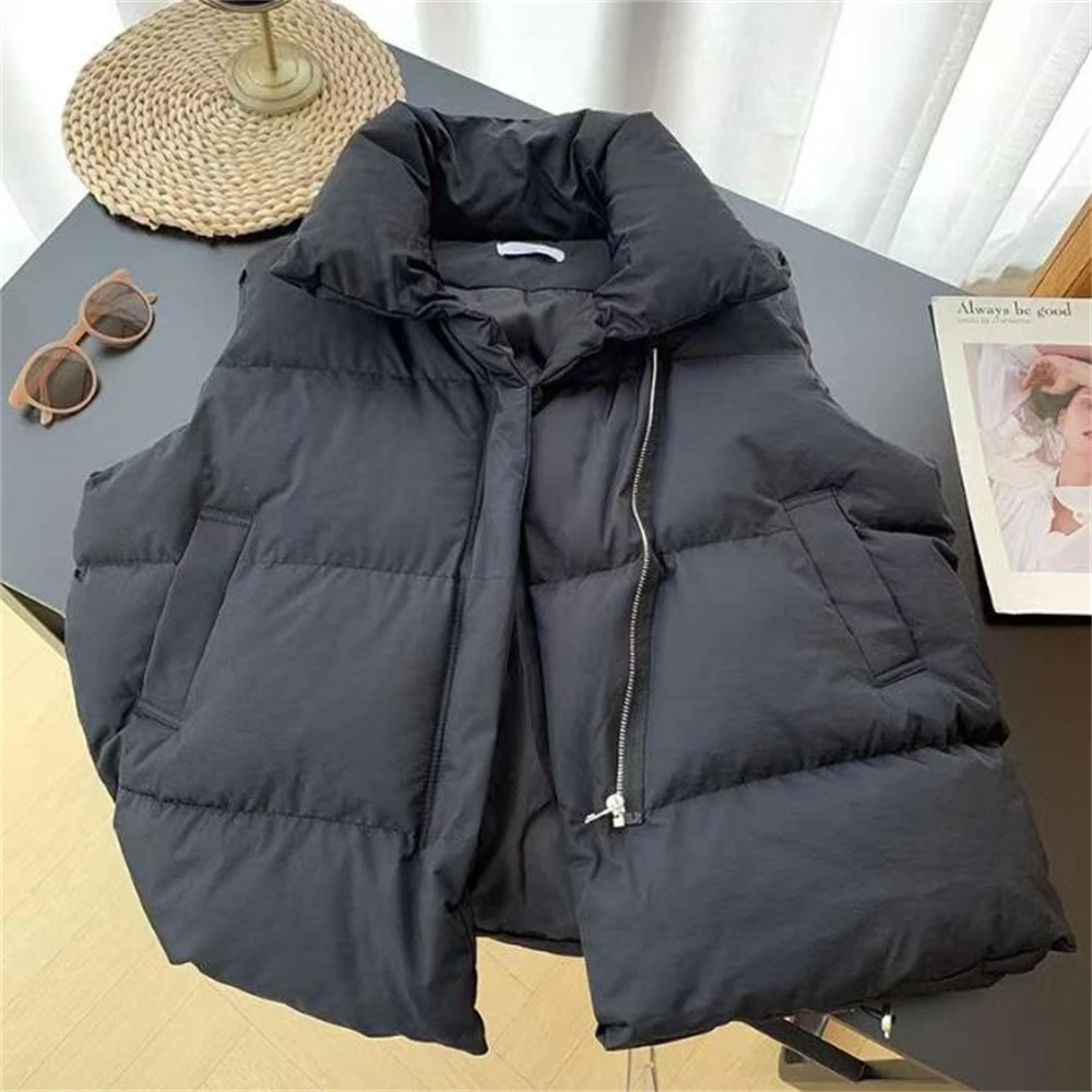 New Winter Cotton Vest Women Warm Coat Turn-down Collar Zipper Sleeveless Jacket Overcoat Loose Drawstring Waistcoat Vest Coat