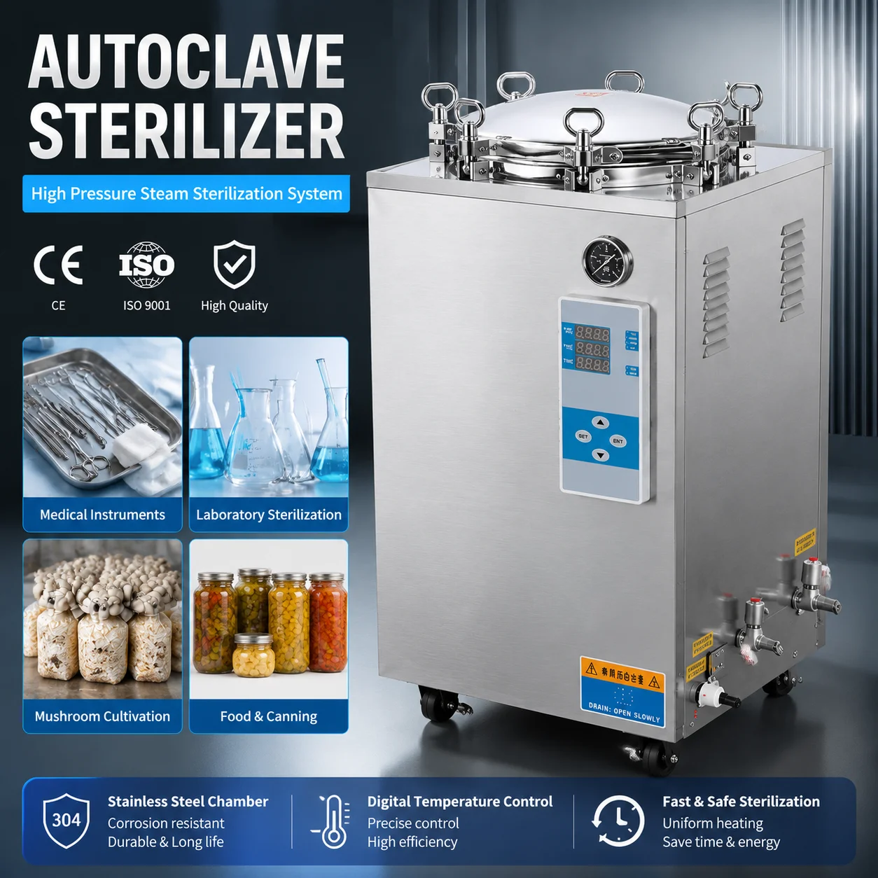 Laboratory Electric Steam Sterilizer Digital Control Stainless Steel Autoclave Unit 35L 50L 75L 100L