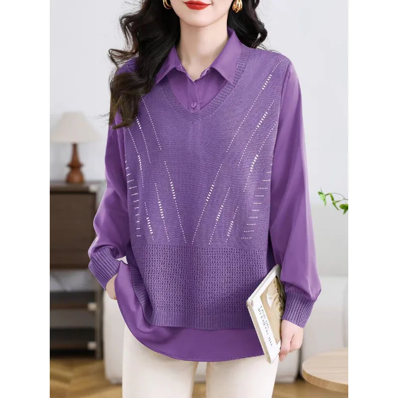 

Поддельная нижняя рубашка из двух предметов, женский весенне-осенний новый пуловер, трикотажная куртка, женский свитер, модная рубашка, пальто, топы