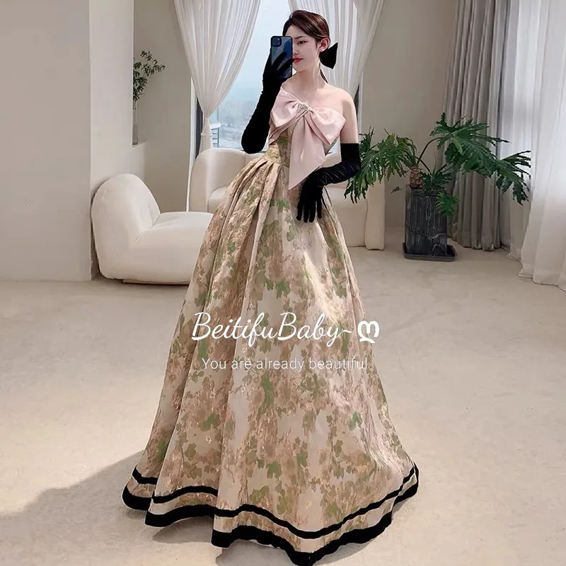 BeitifuBaby 2024 Formal Dresses for Women Jacquard Satin Elegant Strapless Bow Decoration Banquet Ball Gown Bride Evening Dress