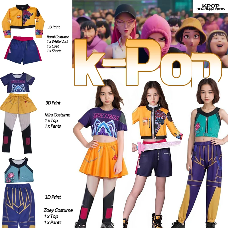 

Halloween Roleplay Outfits K-POP Demon Hunters Rumi Zoey Mira Children Cosplay Costume Set 3D Printing Performance Dress Hoodie