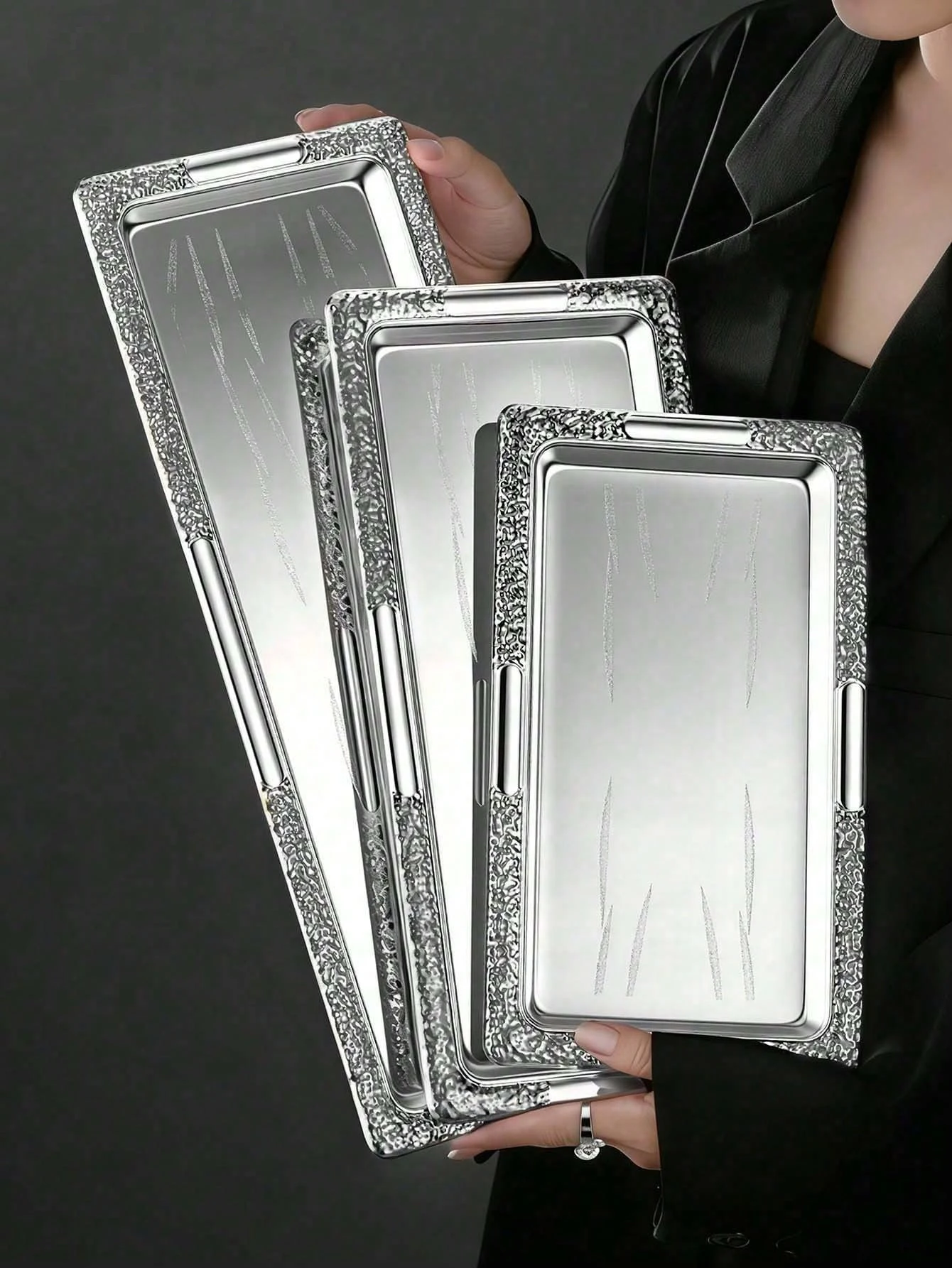1 piece of silver wrought iron long tray, storage tray, dinner plate and serving tray in Middle Eastern style; available in thre