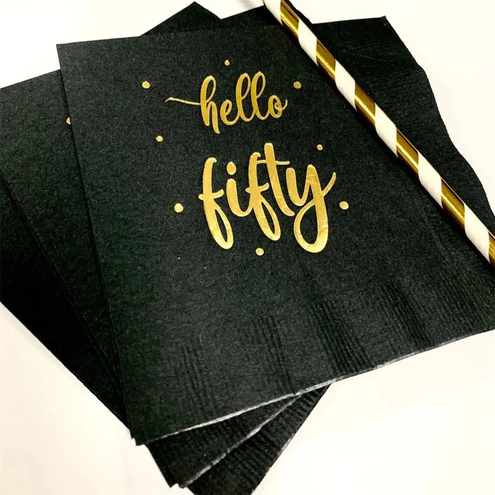 

50PCS Hello Fifty Black w/Metallic Gold Foil Cocktail Beverage Napkins 3 Ply Happy Birthday 50th Hello Fifty Metallic Gold Foil