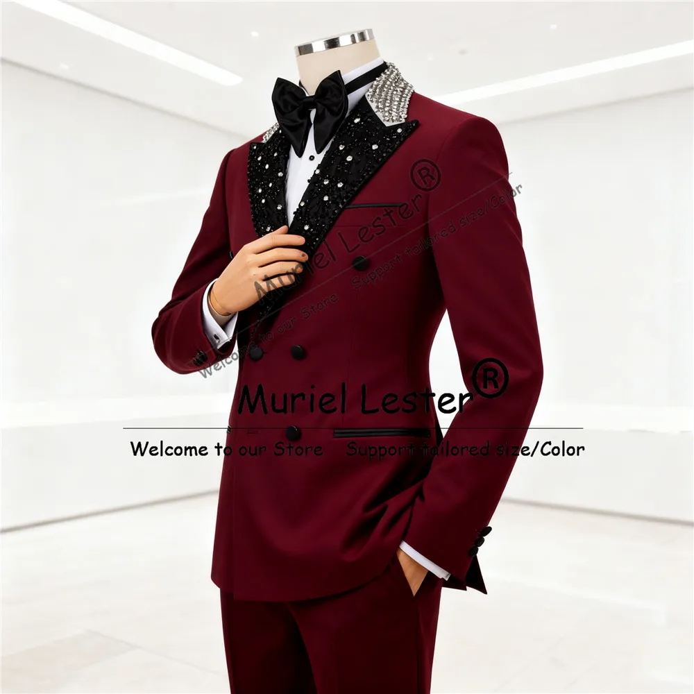 

Винно-красный костюм для мужчин, пиджаки с камнями и лацканами для жениха, индивидуальные комплекты из 2 предметов, мужские формальные вечерние свадебные смокинги, обтягивающие