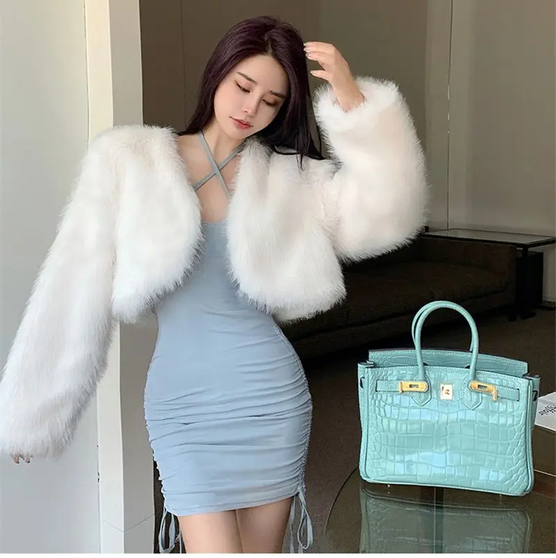 FANIECES Winter Women Short Jacket Warm Thick Fluffy Faux Fox Fur Coat Luxury Party Club Tops Outwear Open Stitch Plush OverCoat