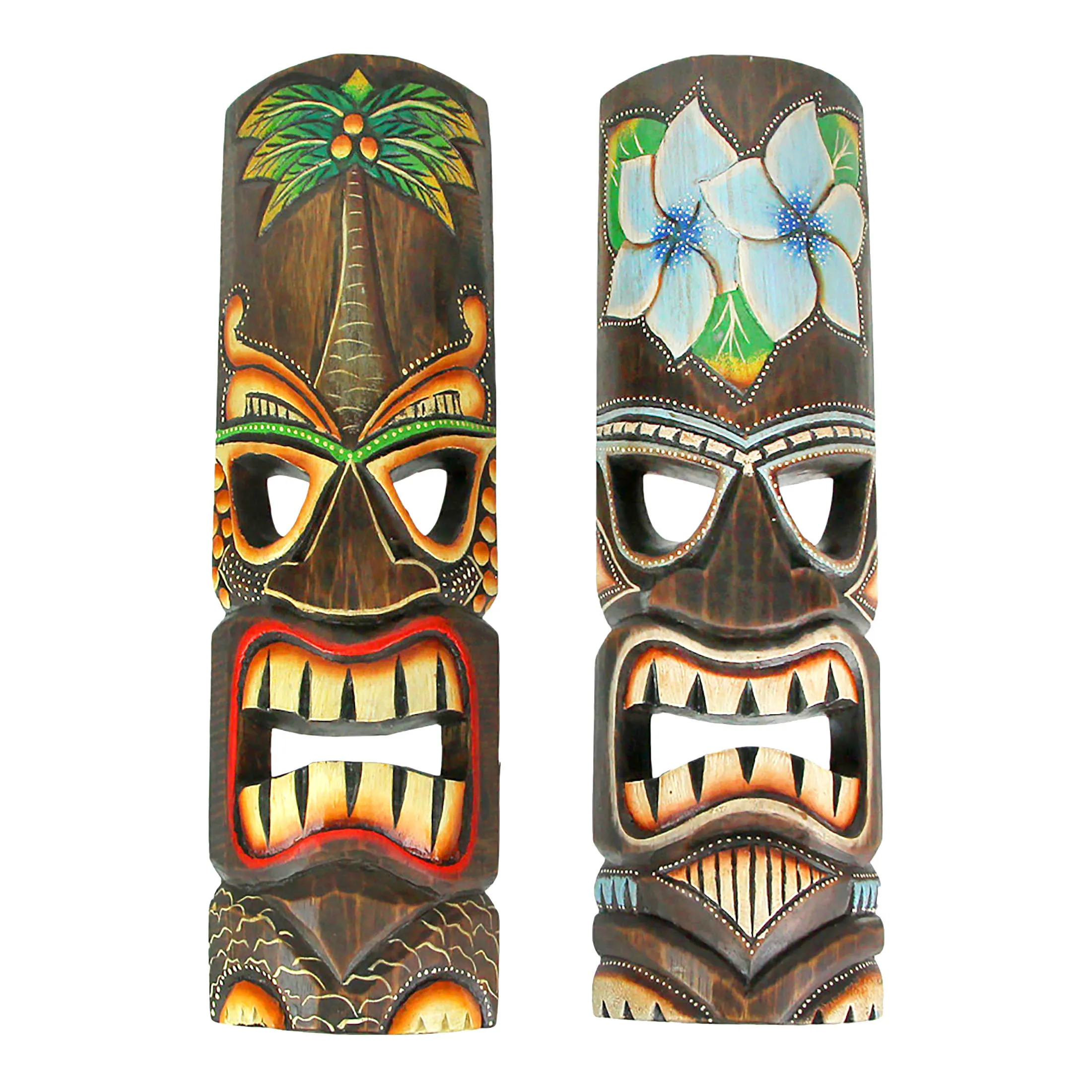 

Set of 2 Hand Crafted Wooden 20 Inch Tiki Wall Masks Palm Tree and Plumeria Flower Designs Tropical Décor