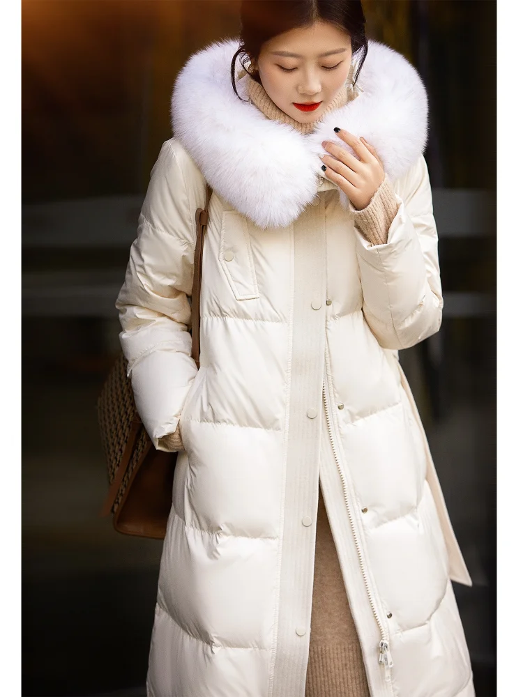 Hooded Long Down Jacket for Women, Warm Winter Coat, Fox Fur Collar, White Duck Down, Thicker with Belt, Lady Jackets