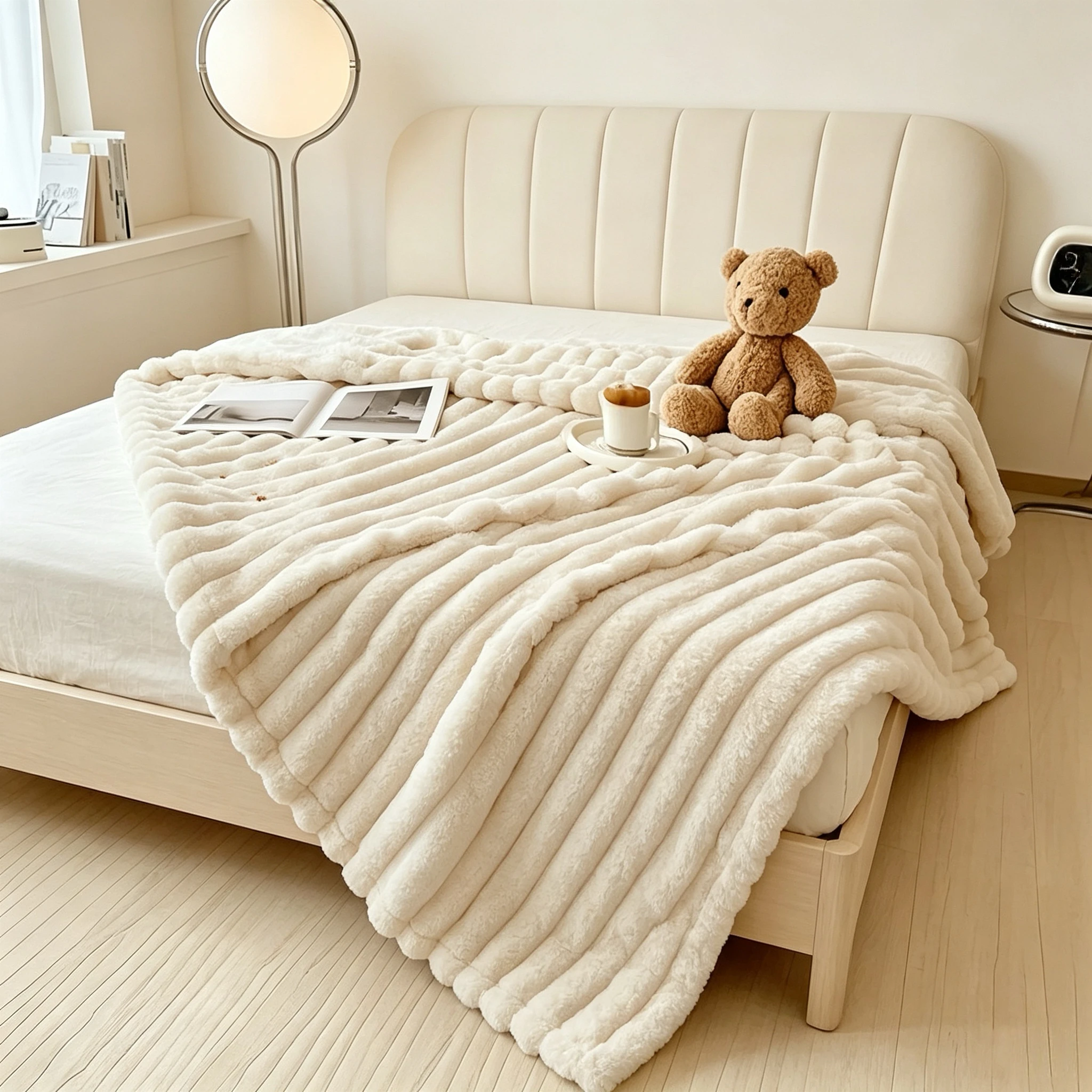 Luxury Cream Faux Rabbit Fur Throw Blanket, Ultra Soft Thick Warm Cozy Blanket for Sofa & Bed, Ideal Seasonal Gift, Kids Bed Blanket with Luxurious Touch