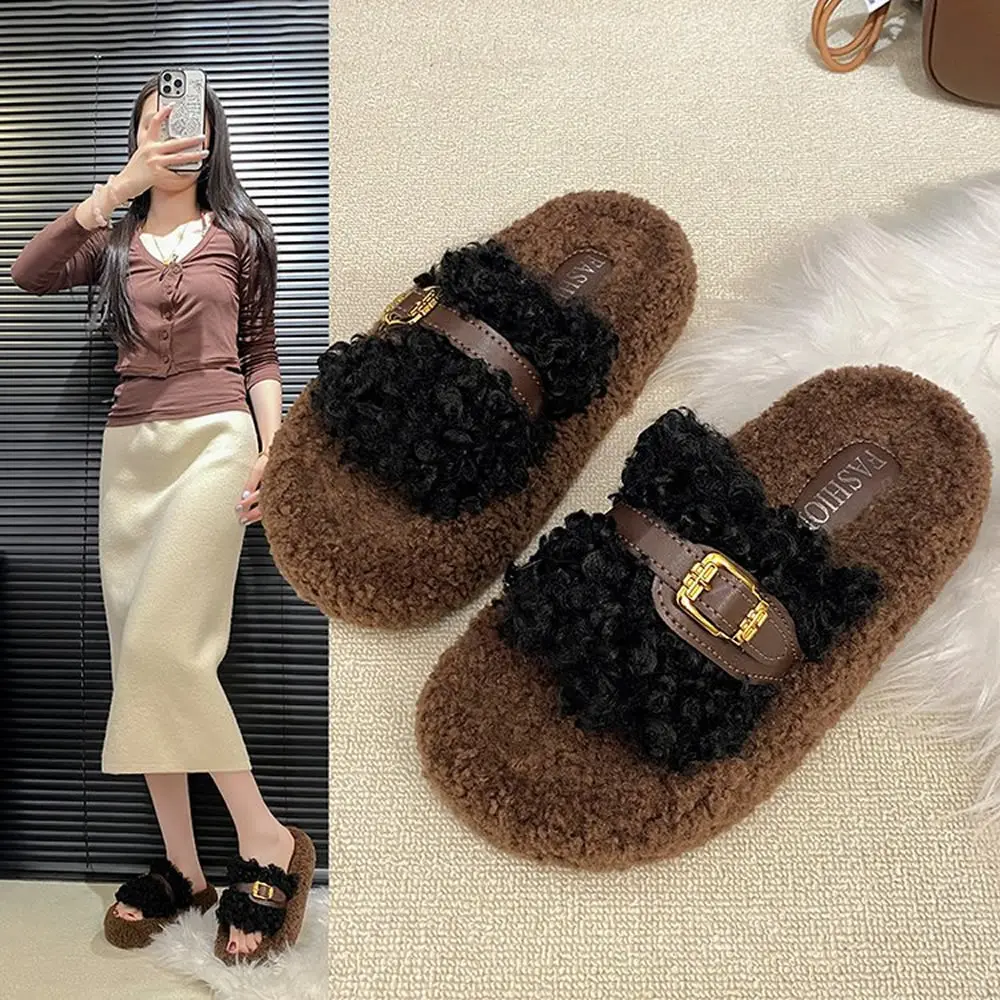 شباشب قطيفة سميكة القاع سهلة الارتداء مفتوحة من الأمام بتصميم كلاسيكي بإبزيم حزام خريفي وصل حديثًا شباشب سطحية مطاطية عصرية #1