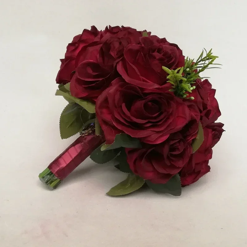 Flower Bouquet Silk Rose Flower Dark Red Bouquet Burgundy Brides Bridesmaids Bouquet wedding Flower