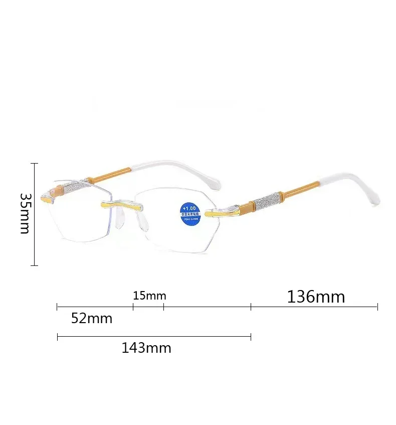 Kacamata presbiopi wanita, potongan berlian tanpa bingkai, kacamata baca Anti cahaya biru Ultra ringan + 1.0 + 1.5 + 2.0 + 2.5 + 3.0 + 3.5 + 4.0