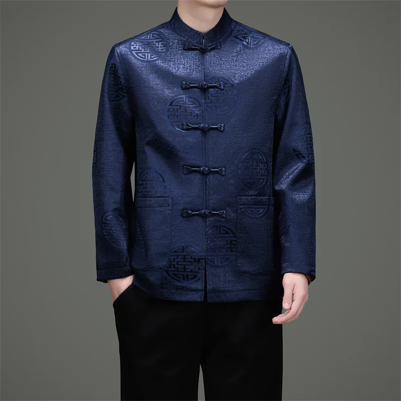 Chinese Elements Jacket Shirts For Men Long Sleeve Stand Collar Autumn Quality Tang Costume Frog Button Luxury Camisas De Hombre