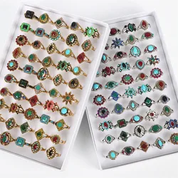 Wholesale 20/50Pcs/Lot Bohemia Vintage Flowers Geometry Gold Silver Plated Rings For Women Mix Style Fashion Jewelry Party Gifts