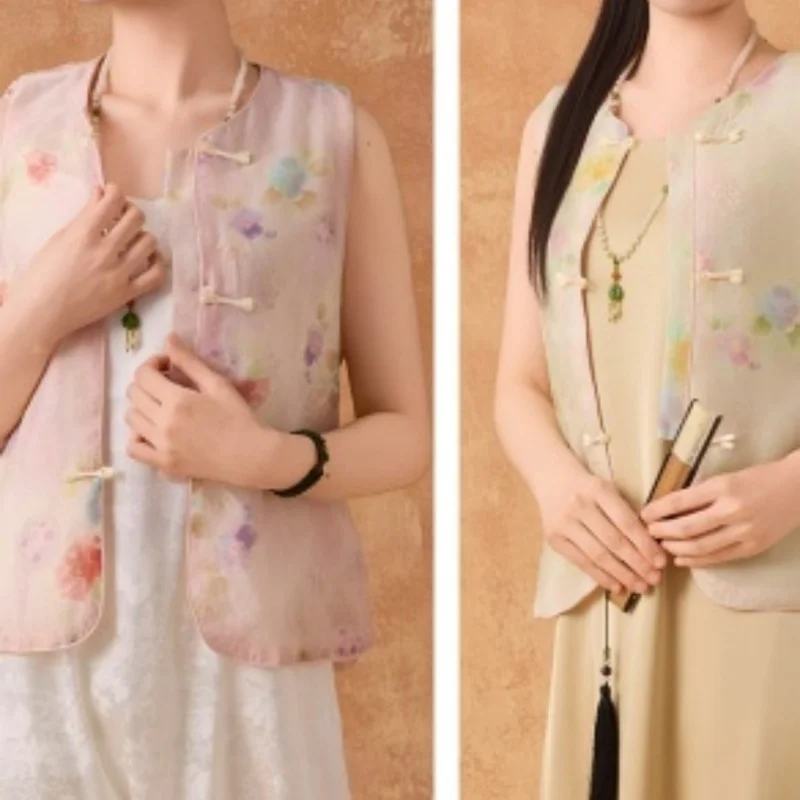 

Spring Summer Women Costume Sleeveless Embroidery Floral Vest Coat Vintage Floral New Chinese Style Tang Clothes Elegant Vests