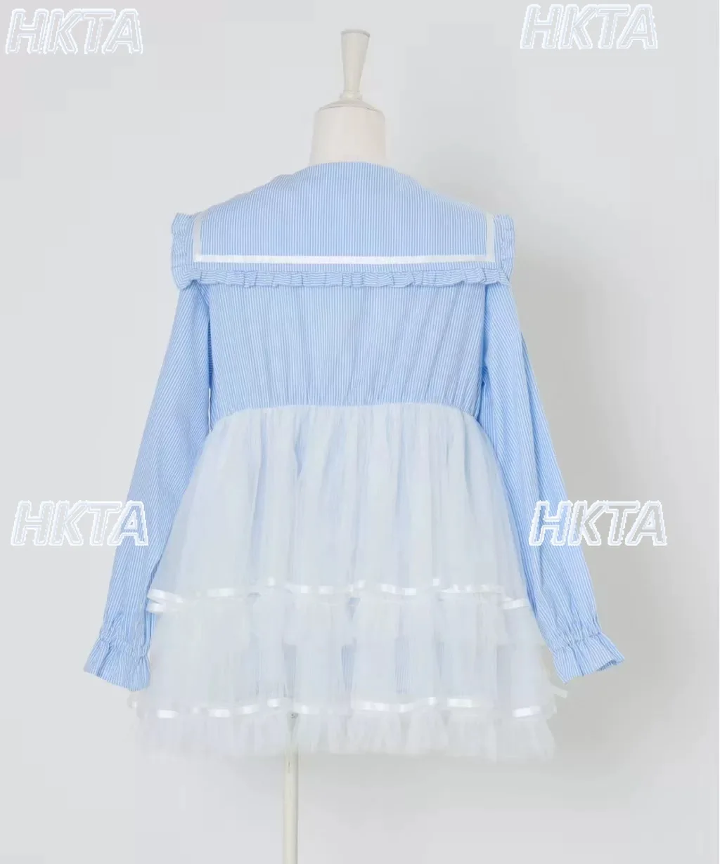 Dulce vestido camisero de manga larga con cuello azul marino, Vestido corto hinchado con pastel para mujer, vestido de encaje plisado de cintura alta Kawaii Lolita para mujer