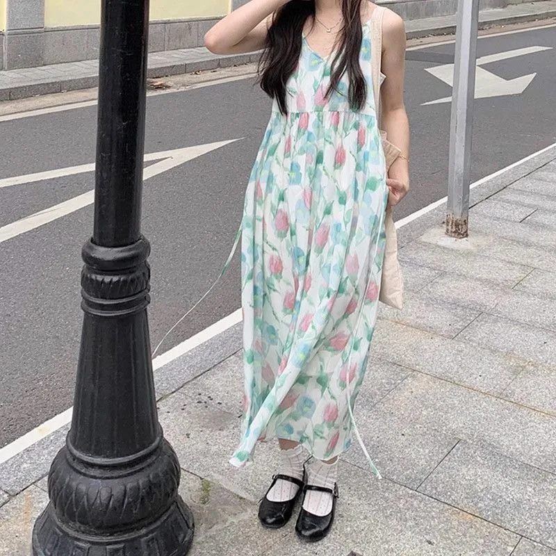 

Милые платья, женские цветущие тюльпаны с цветочным принтом и v-образным вырезом без рукавов, праздничное элегантное летнее модное женское платье, повседневное