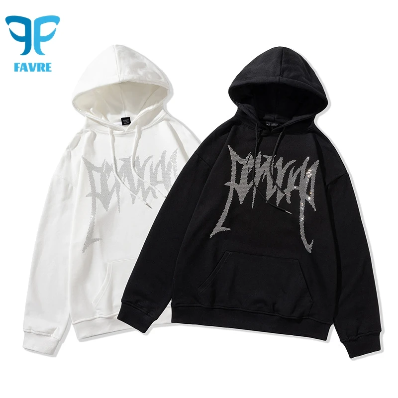 

FAVRE Gothic Hot Drill Sweatshirts Mens Reflective Letter Pullovers Spring Autumn Hoodies Casual Europe and America Vintage Tops