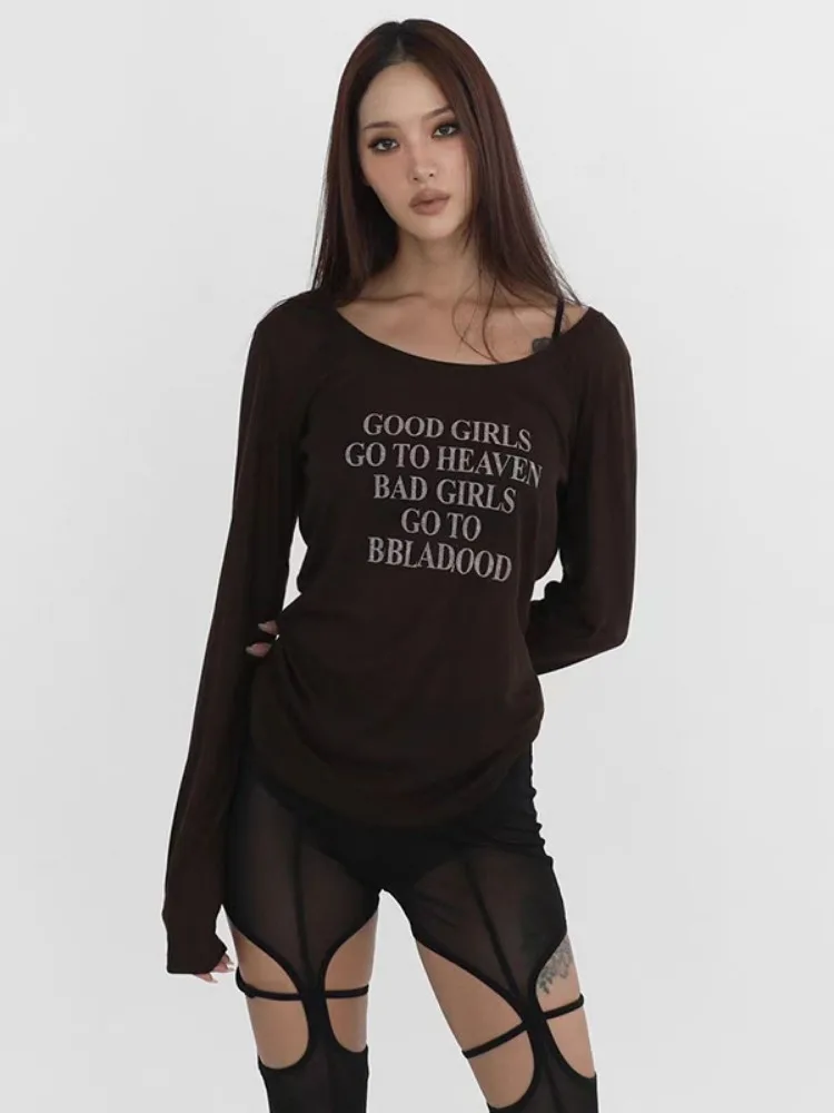 Y2k Aesthetics Letter Printing Tops 2024 Autumn Harajuku Slash Neck T-shirt See Through Streetwear Slim Fit Grunge Tee Shirt