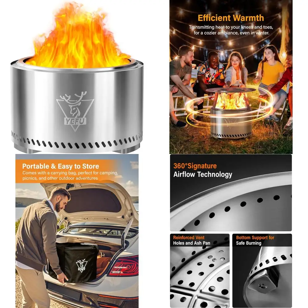 حفرة نار خارجية بدون دخاني - 304 ستانلس ستيل، 27 بوصة، مقلاة رماد قابلة للإزالة، فضي، مناسبة للاستخدام في الفناء الخلفي