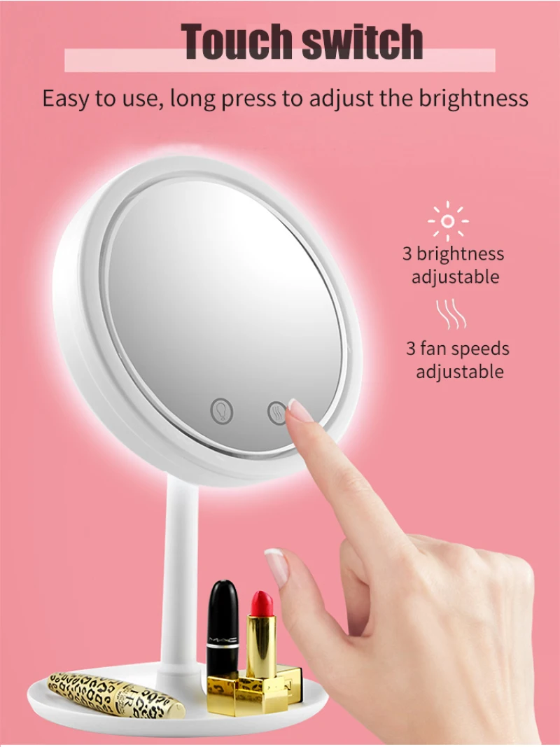 Triplex one fan makeup mirror Small mirror creative with fan led with lampstand magnifying glass makeup essential