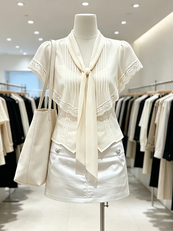 

Large Size Women's Summer New Lace Trim Shirt And Halter Skirt Set Korean Style Slim Fit High Waist Short Sleeve V-Neck Dress