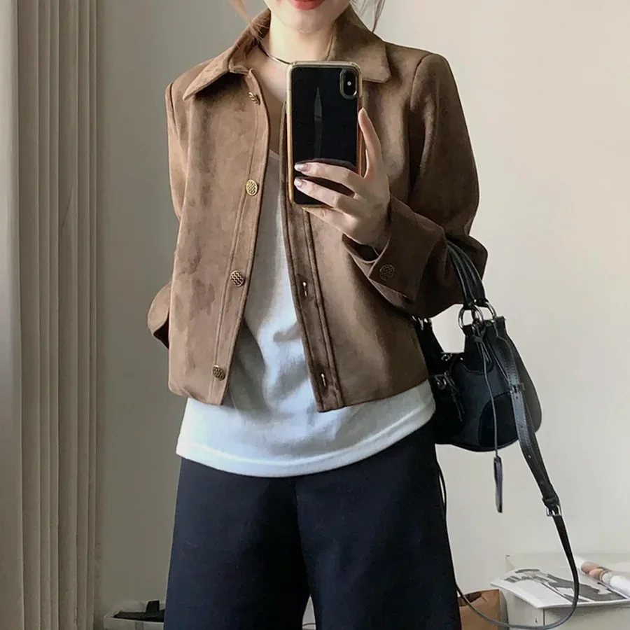 Giacca corta in pelle scamosciata da donna, vestibilità ampia e sottile, autunno inverno, nuovo stile vintage, bottoni, moda casual, top coat alla moda sexy