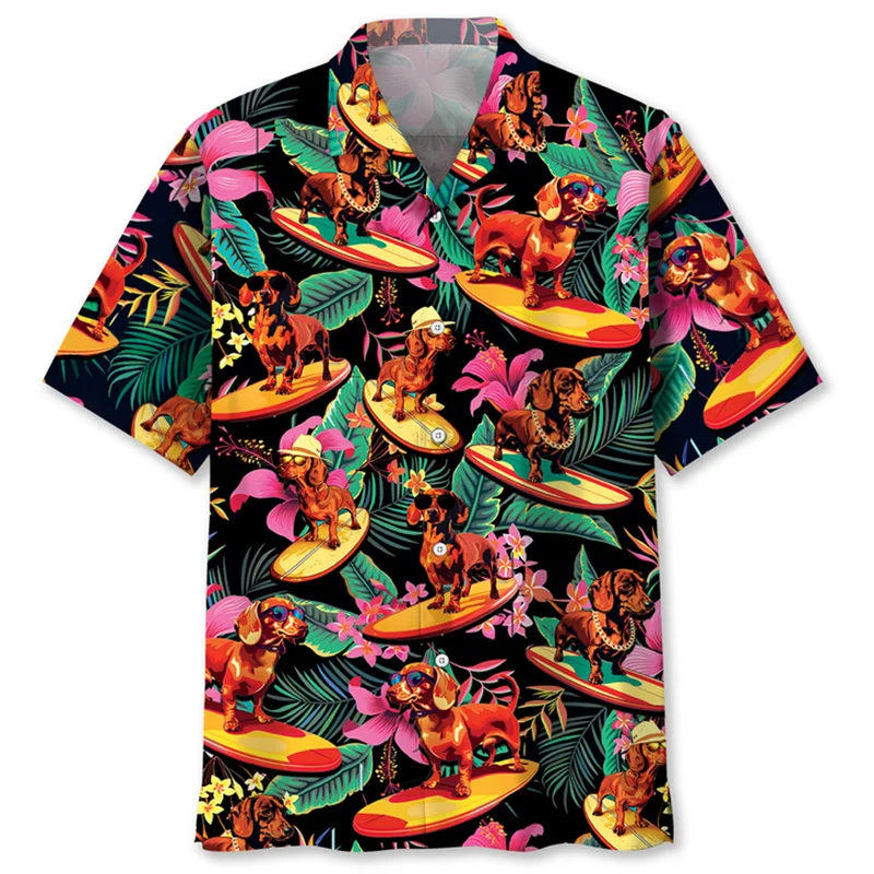 Cute Dachshund Hawaiian Shirt Men New In 3D Printed Animal Dog Lapel Short Sleeves Tops Outdoor Blouse Summer Button Shirts view 2