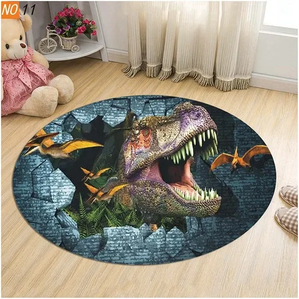 Cartoon Dinosaur Pattern Round Mat, Tapete antiderrapante, Tapete de entrada, Decoração de casa, Quarto, Sala de estar