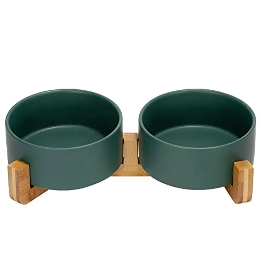 

Ceramic Dog and Cat Bowl Set with Wooden Stand, Modern Cute Weighted Food Water Set for Large Size Dogs 7.6 Cups, 2 × Green