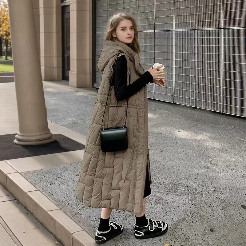 

Warmth Comfort 2025 Autumn Winter Women's Down Cotton Hooded Vest with Waist Belt Mid Length Over Knee Coat Vest Outerwear
