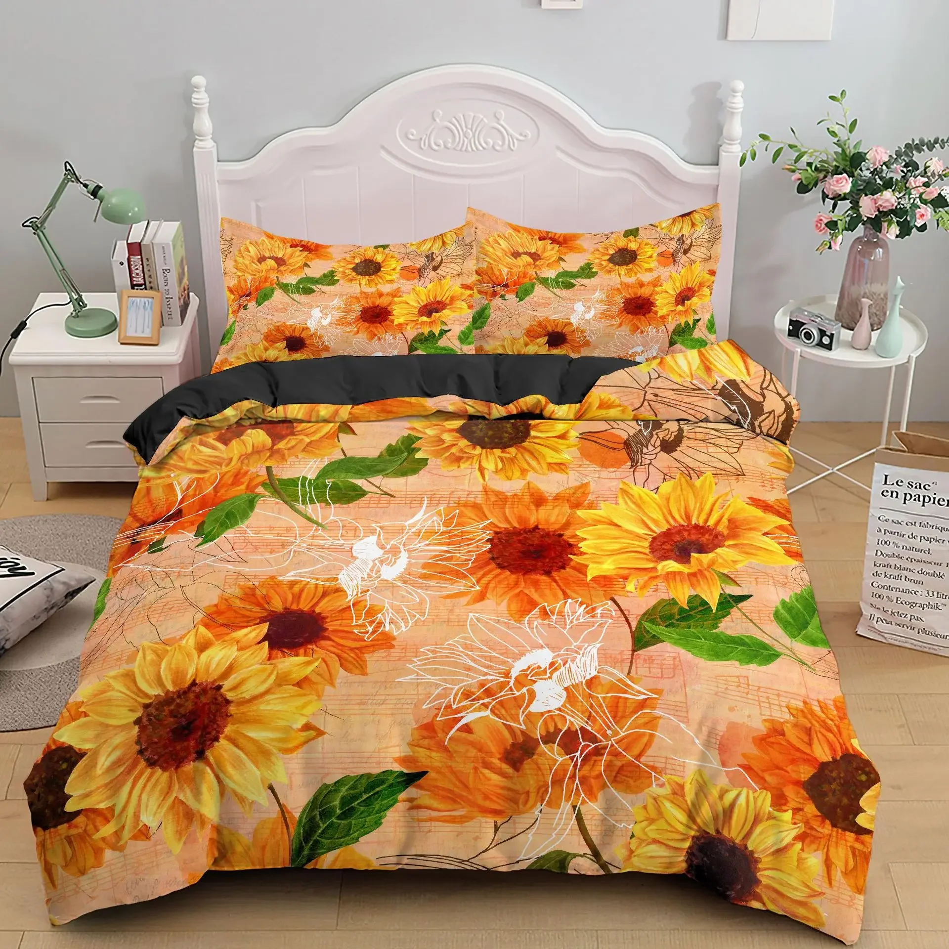 Sunflower Bedding Set King/Queen Size,Yellow Flower Print Soft Light Orange Duvet Cover for Girls Women Polyester Quilt Cover