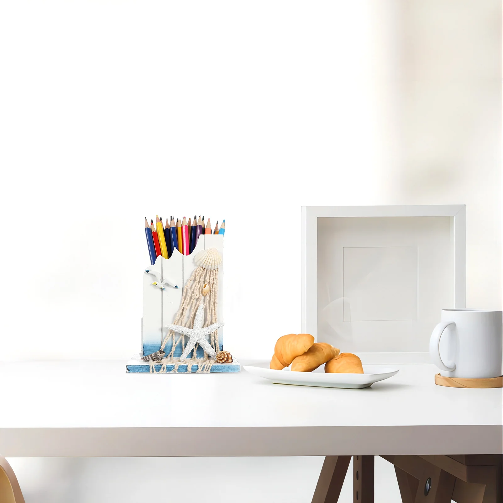 

1Pcs Wooden Pen Holder Beautiful Tubular Brush Pot with Sea Star Decoration for Desk Home Office Organization Wooden Pen Holder