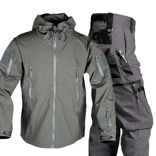 Imagen 2 del producto Traje de trabajo táctico de otoño para hombre, pantalones Cargo con múltiples bolsillos, chaqueta impermeable ligera resistente al desgaste, traje de adiestramiento al aire libre para primavera