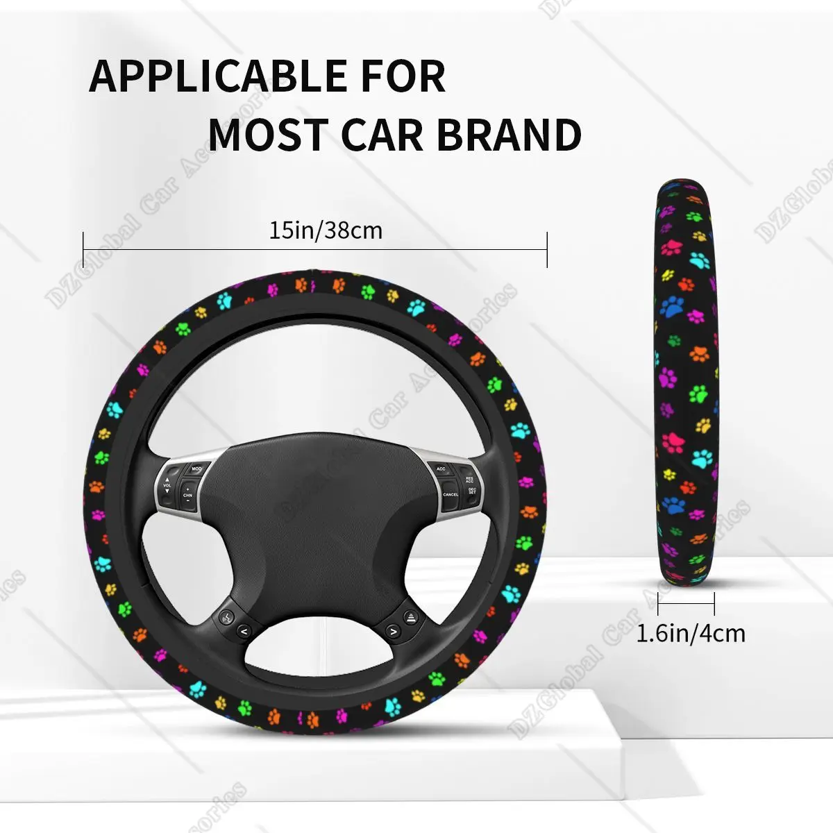 Colorful Dog Paw Prints Steering Wheel Cover Universal 15 Inch Cute Car Accessories Protector for Women Men Girls Gift