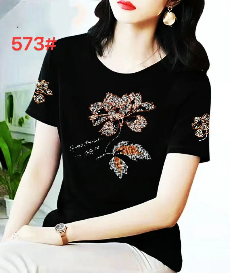 

Summer 2025 Women's Loose Fit Modal ort Sve T-irt Cotton Blend Comfortable plus Size Mom Tee Diamond Embellied OL Sle