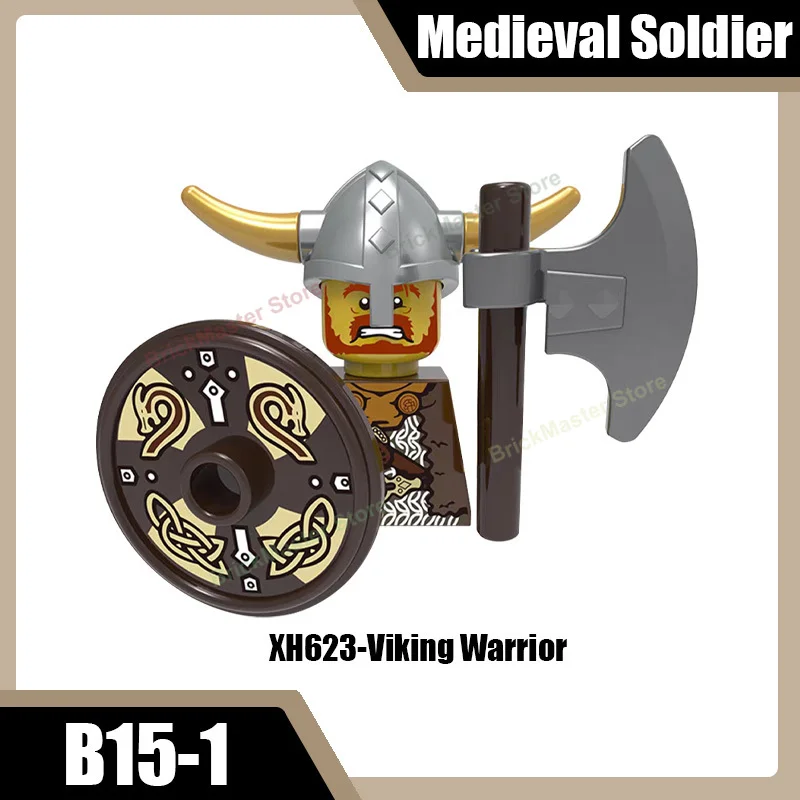 Mittelalterliche Militär-Wikinger-Krieger-Soldaten-Figuren Bausteine Burg Armee Rauber Infanterie Schild Axt Schwert Helm Ziegel Spielzeug
