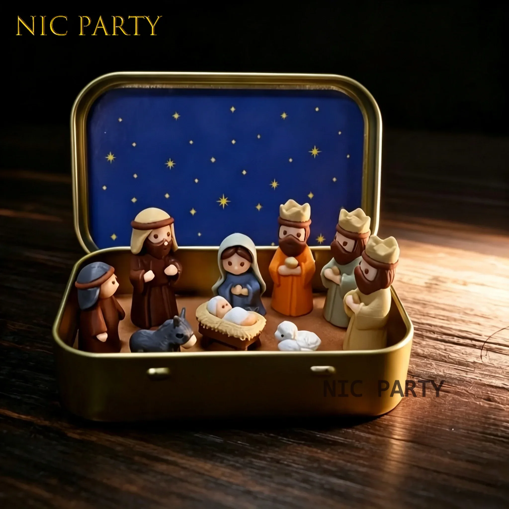 Iron Box Pocket‑Size Nativity Scene with Mary Jesus Shepherd Mini Xmas Manger Set Xmas Easter Gift Decor Cute Animal Figurines