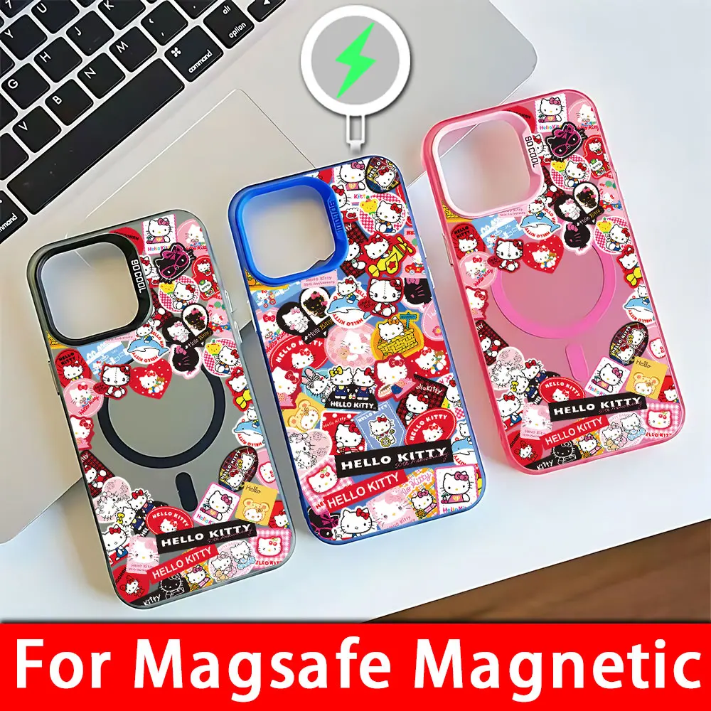 Cute Funny Cartoon Hellos Kittys Magsafe Magnetic Phone Case for IPhone 11 12 13 14 15 16 Pro Max Plus Creative Border Cover