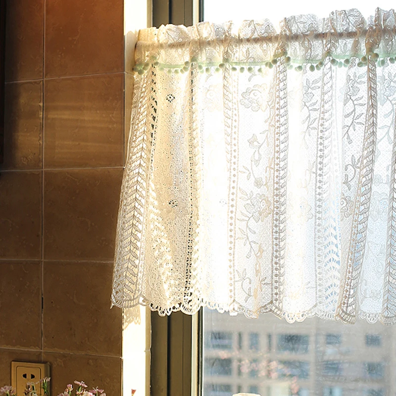 Lace Sheer Window Curtains with Pompom Edge for Bedroom Geometric Embroidery Drapes for Living Room Rod Pocket Window Treatments