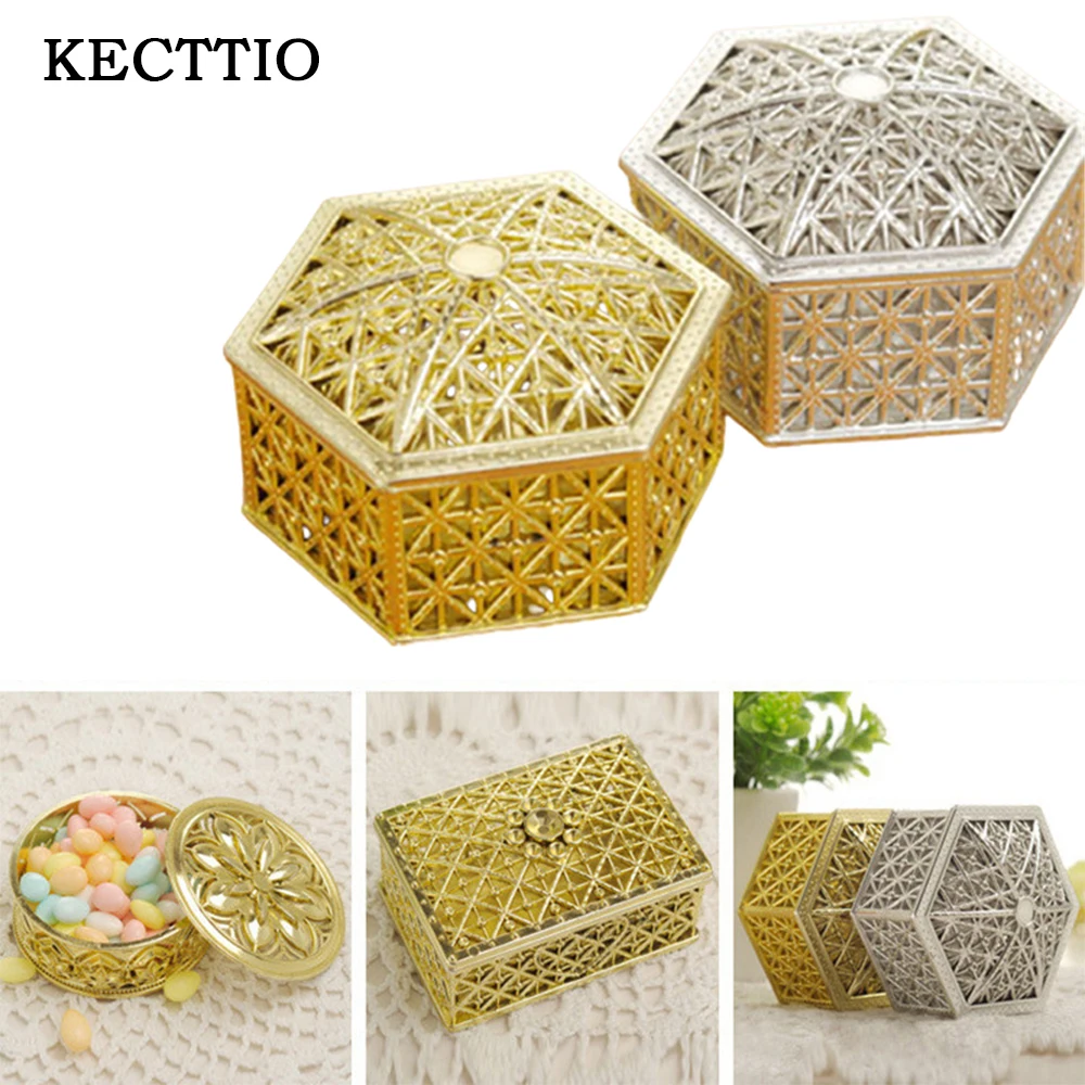 

1pc Plastic Hollow Gold Foil Cake Candy Box Wedding Favor Marriage Baby Shower Gift Treat Box Packaging Party Event Supplies