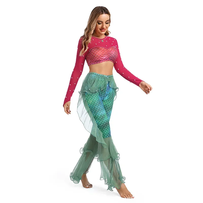 Belly Dance Sexy Mermaid Ariel Princess Costumes Adult Women Halloween Masquerade Uniforms Dress Up Fancy Red Top Ruffle Pants