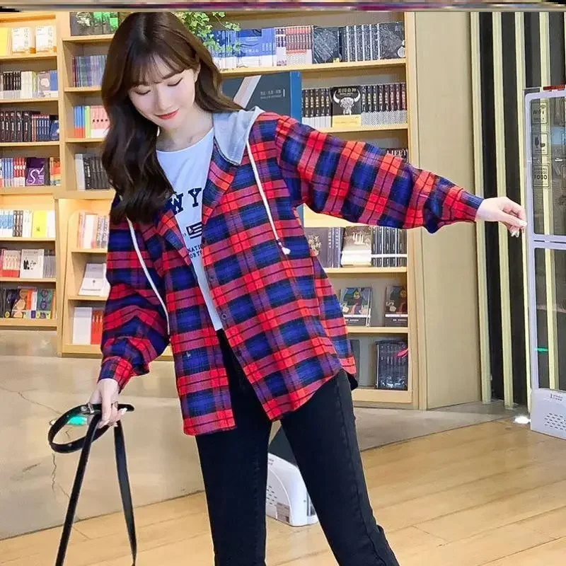 Camisa con capucha a cuadros para mujer, Top de manga larga a la moda coreana, abrigo suelto, chaqueta fina ligera, Tops baratos al por mayor, novedad para mujer