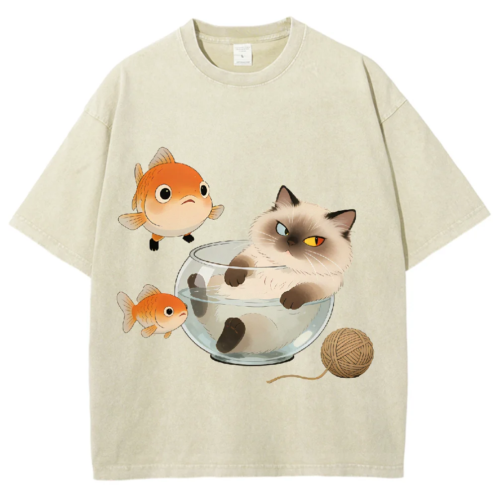 

Washed Cat Fish Bowl Print Oversized T Shirt Unisex Waffle Texture Y2K Retro Casual Graphic Tee for Pet Lovers Summer Streetwear