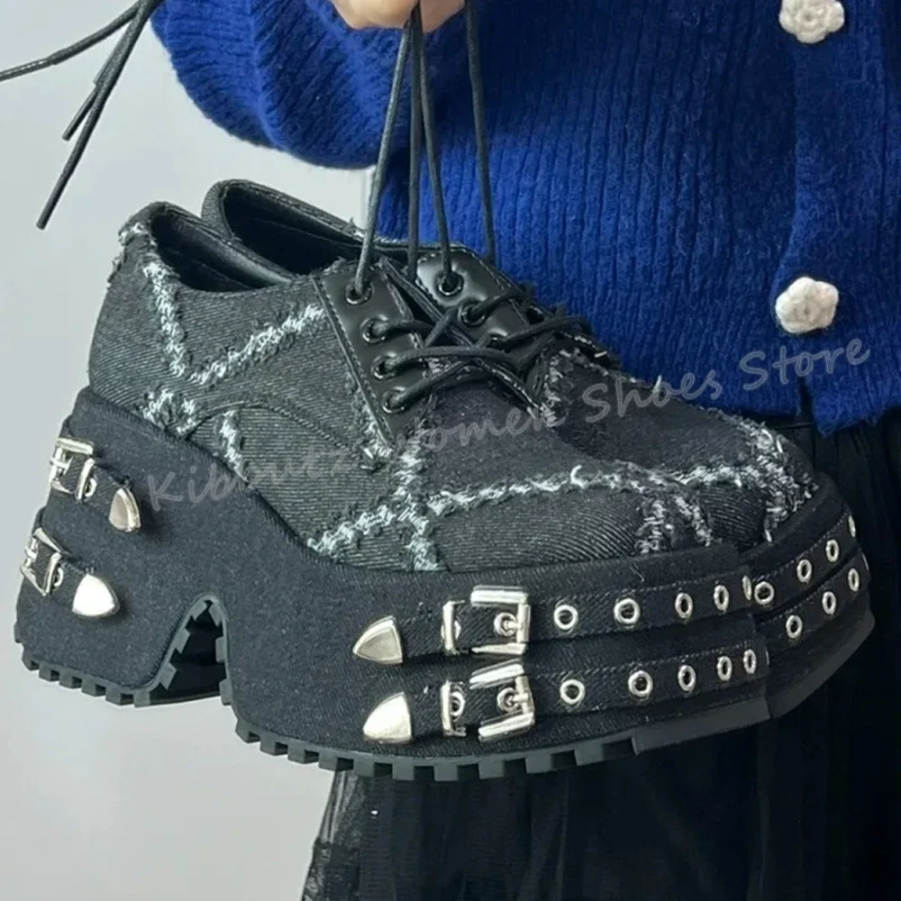

Punk Rock Style Women Sneaker Fringe Denim Thick Bottom Lace Up Belt Buckle Sweet Cool Fashion Two Ways To Wear Boot Shoe Newest