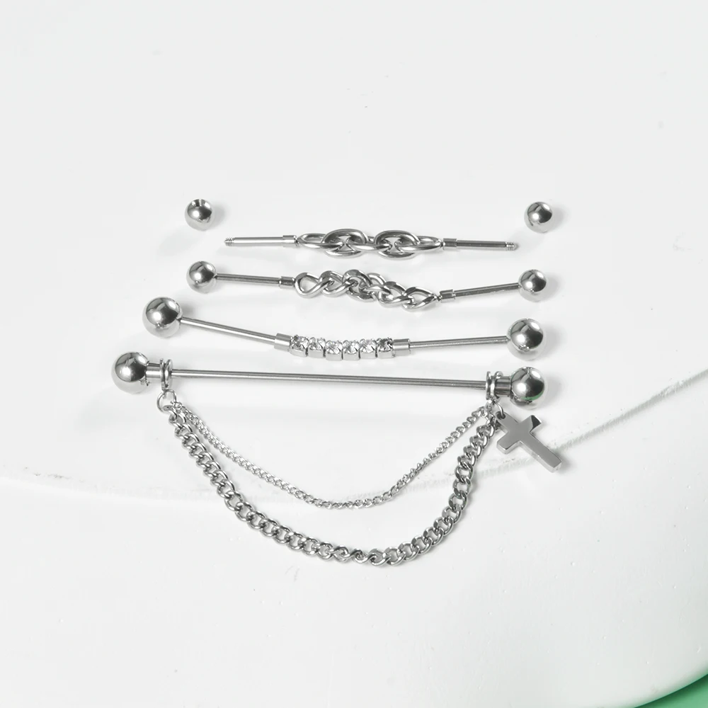 1/2 قطعة سلسلة الغضروف الفولاذ المقاوم للصدأ الحديد الصناعي إدراج الزركون أقراط مستقيم الحديد الزنمة اللولب ثقب المجوهرات #2