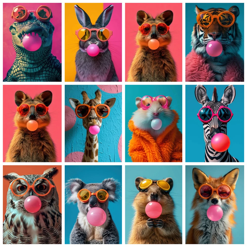 Colorful Animals Pink Bubblegum Canvas Print Poster Cute Animals Cartoon Wall Art Painting Modern Home Baby's Room Nursery Decor