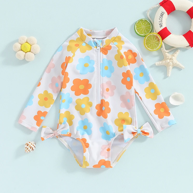 

Suefunskry Toddler Girls Rash Guard Swimsuit Rompers Long Sleeve Flower/Ice Cream Print Baby Bowknot Bathing Suit Swimwear