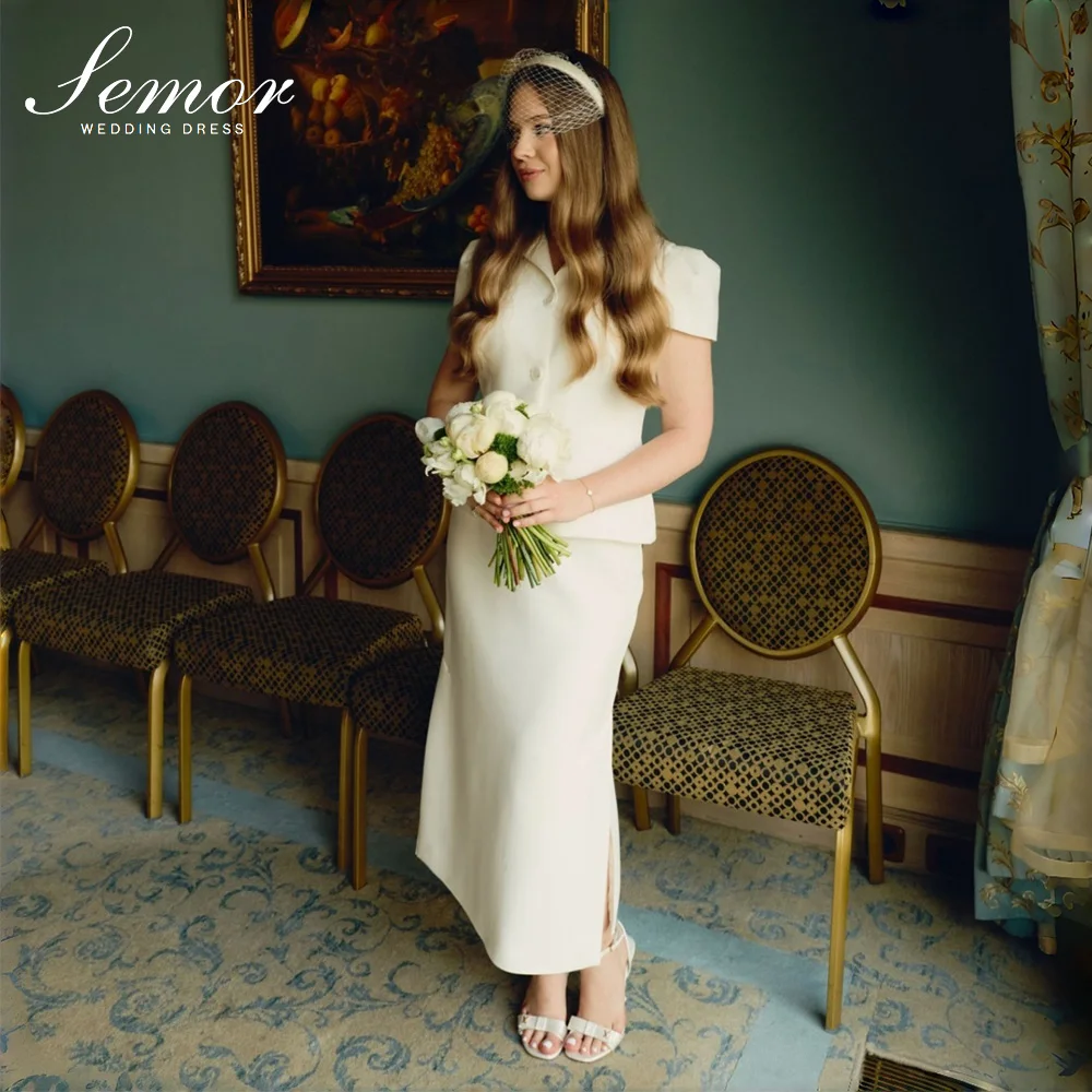 Semor Two-Piece Set Classic V Neck Wedding Dress Short Sleeves 2027 Bridal Gown Vestidos Novia For Civil Wedding Customized