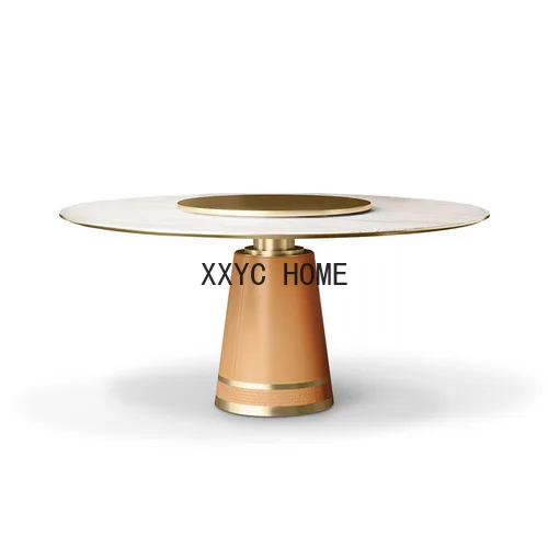 

Mild Luxury Marble round Dining Table High-End Home Dining Table Living Room with Turntable Stainless Steel Dining Bench