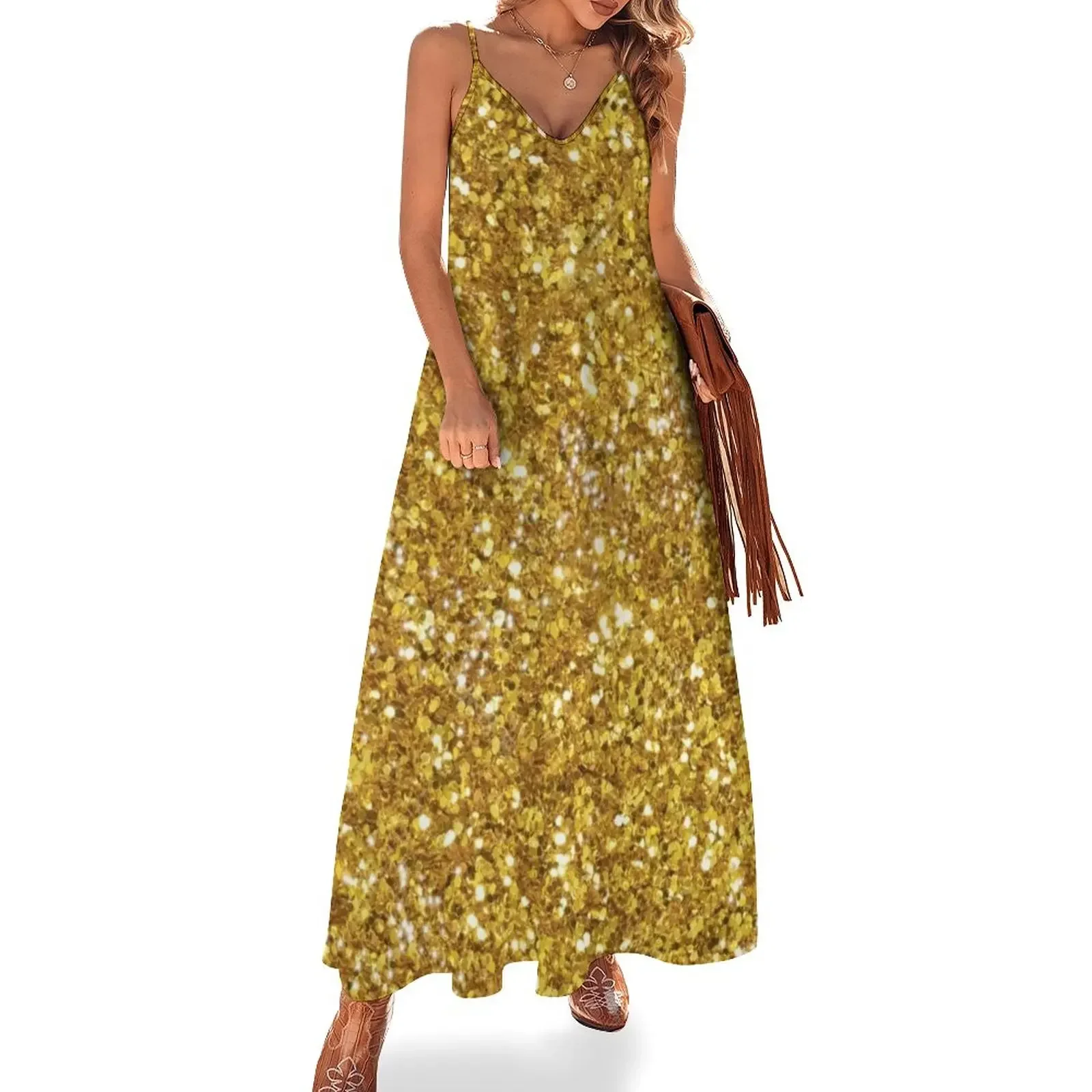 

Gold glittering sparking sequins pattern Sleeveless Dress Women's long dress dress party night party dresses woman